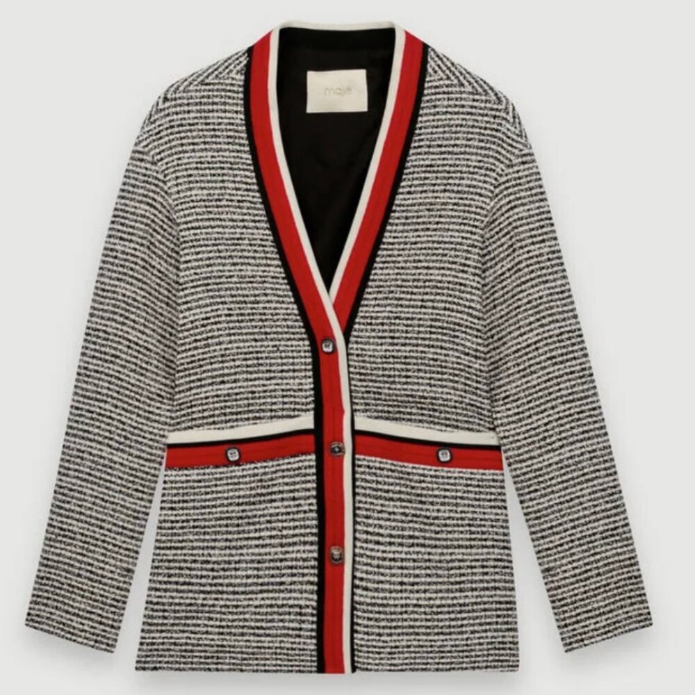 Maje Monochrome Cardigan with Red Trim